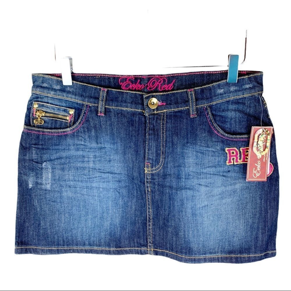 Echo‎ Red Juniors Mini Jean Skirt w/ Patches NWT